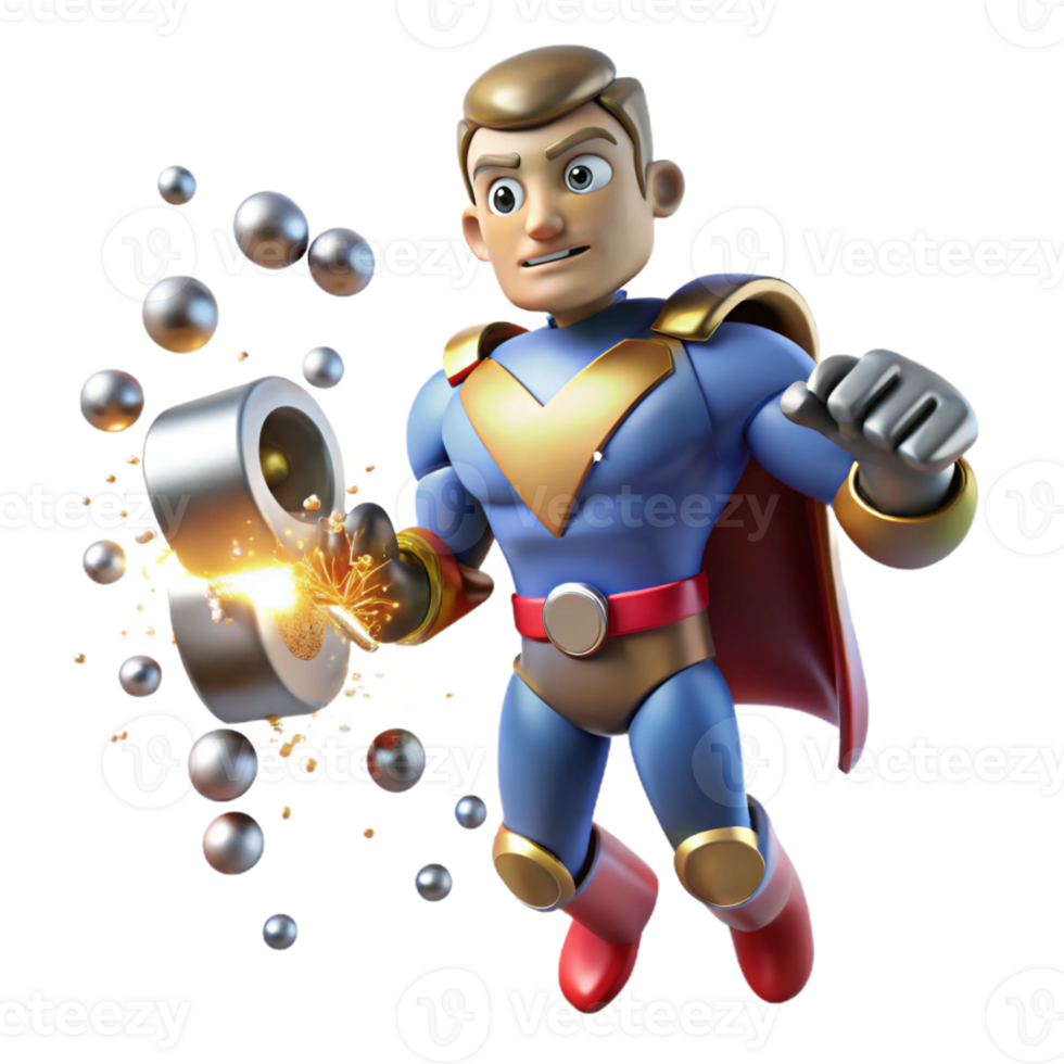 magnificent rustic A superhero with magnetic powers, attracting metallic debris, lit with sparks and metallic reflections in an industrial, gritty style detailed png