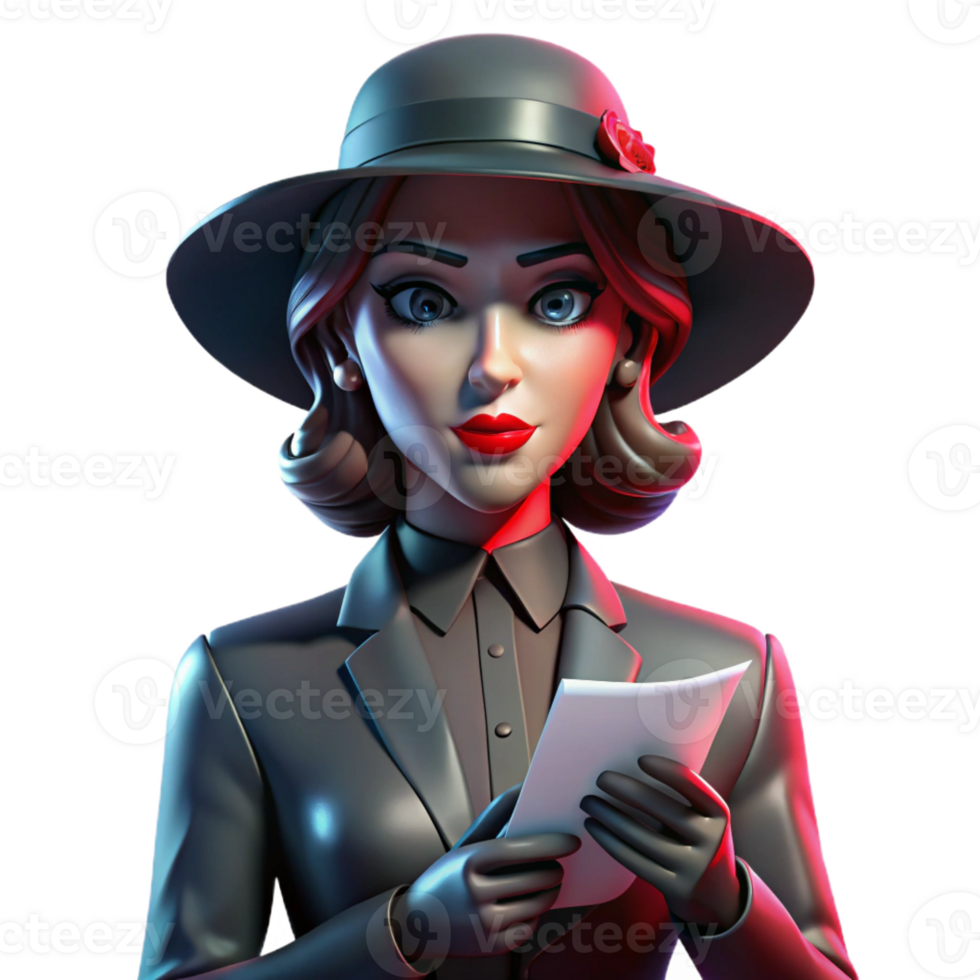 stunning modern A woman with blood-red lipstick and a veiled hat, clutching a crumpled telegram, dimly lit by a flickering neon sign reflecting in a rain-slicked street, cinematic noir style exclusive png