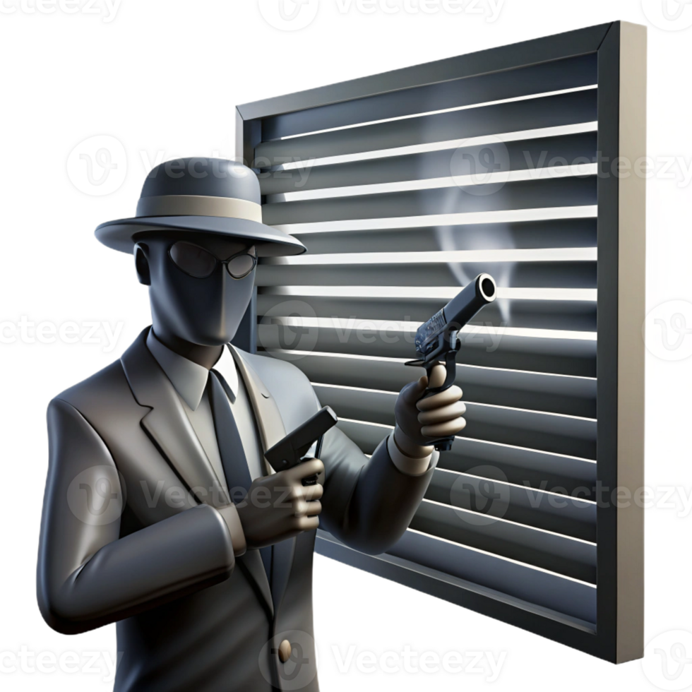 vibrant rustic A shadowy figure silhouetted against a Venetian blind, holding a smoking gun, dramatic lighting with high contrast, graphic novel noir style professional png