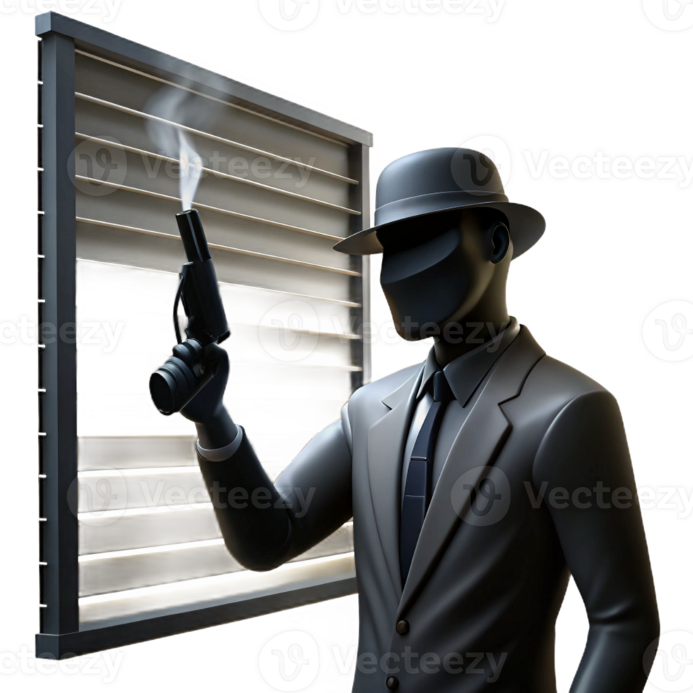impressive minimalist A shadowy figure silhouetted against a Venetian blind, holding a smoking gun, dramatic lighting with high contrast, graphic novel noir style authentic png