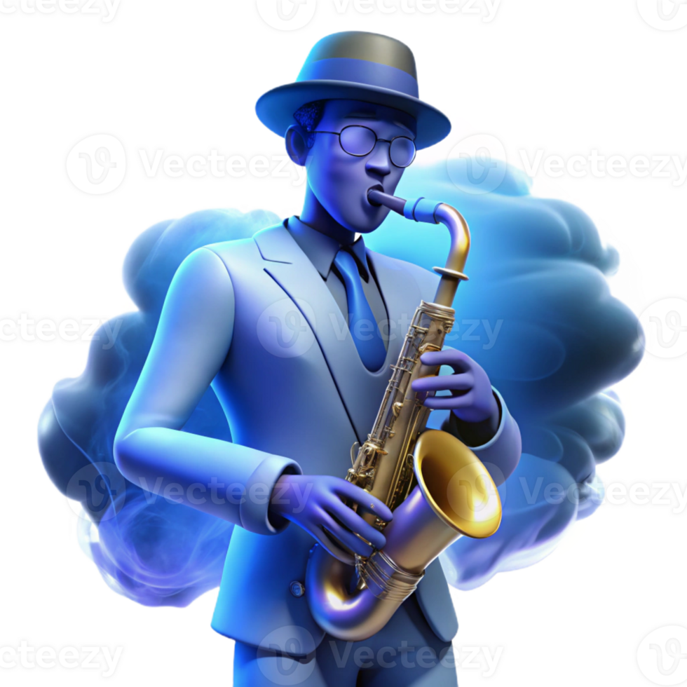 serene traditional A saxophone player in a smoky jazz club, bathed in blue light, atmospheric noir style high quality png