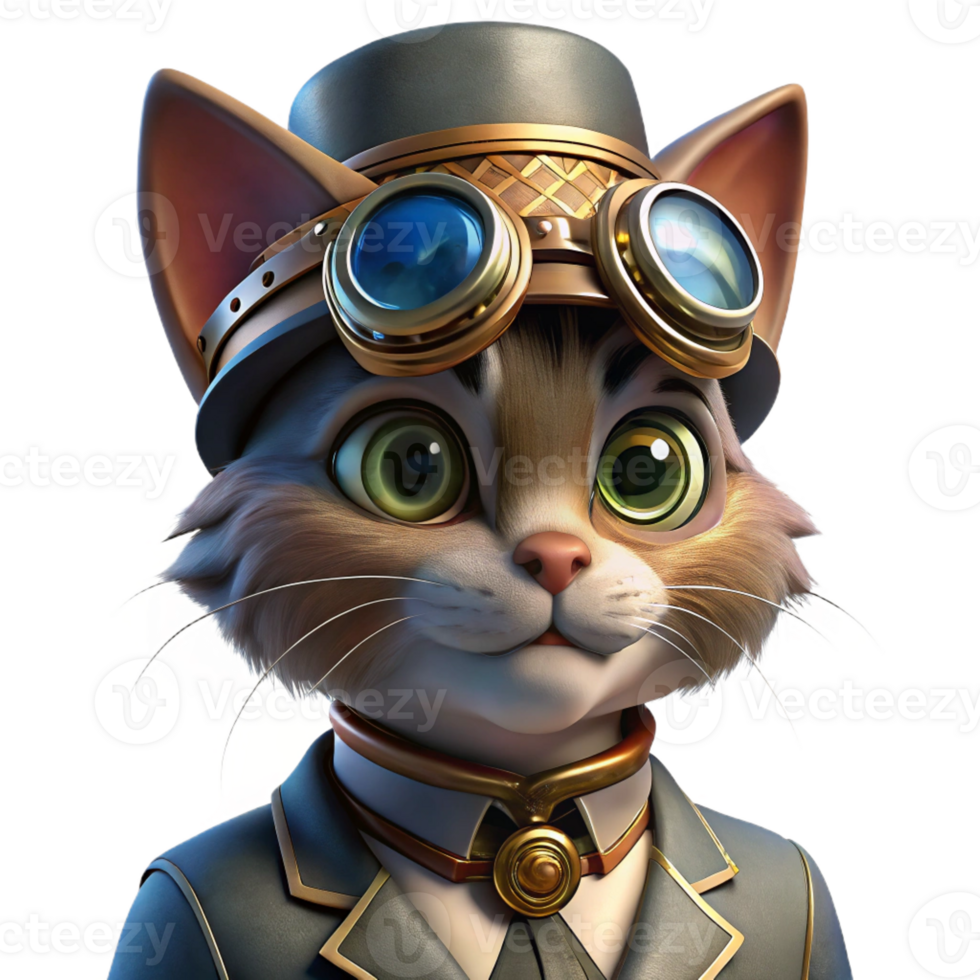 beautiful classic A portrait of a steampunk cat wearing goggles and a tiny top hat, intricate brass and leather details, dramatic chiaroscuro lighting. Alphonse Mucha style high resolution png
