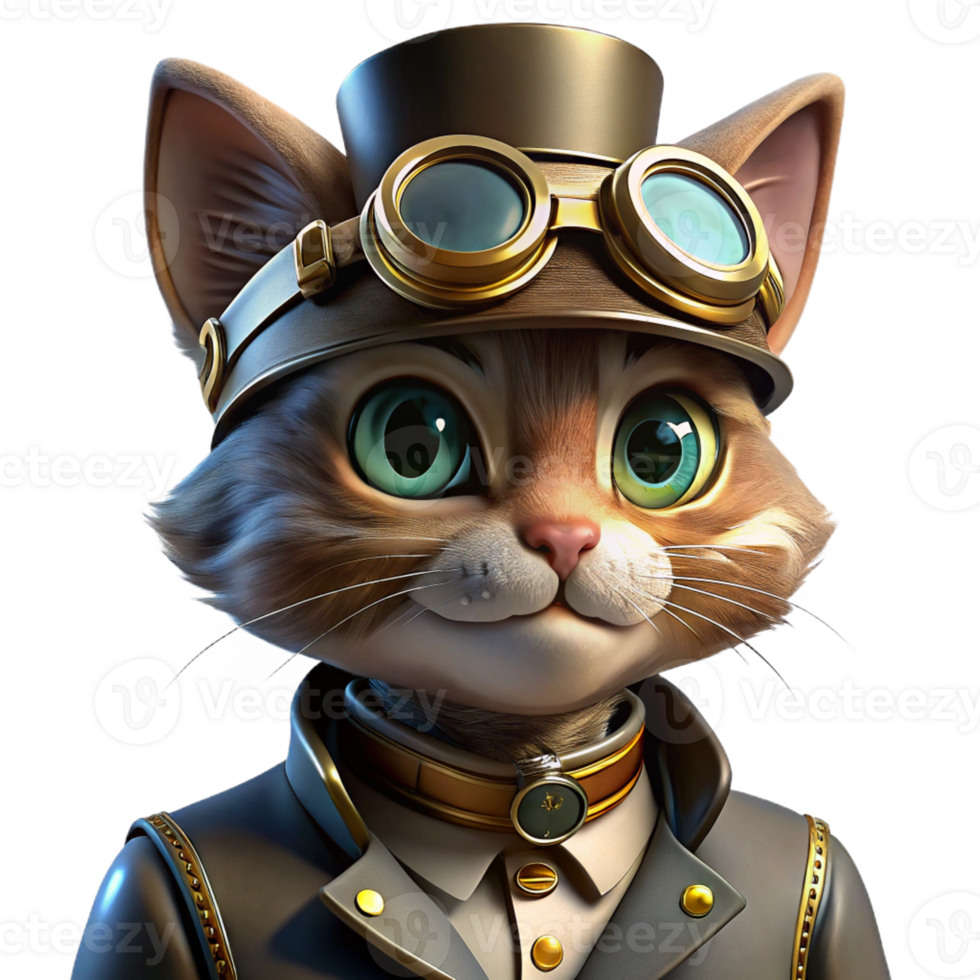 dramatic rustic A portrait of a steampunk cat wearing goggles and a tiny top hat, intricate brass and leather details, dramatic chiaroscuro lighting. Alphonse Mucha style high quality png
