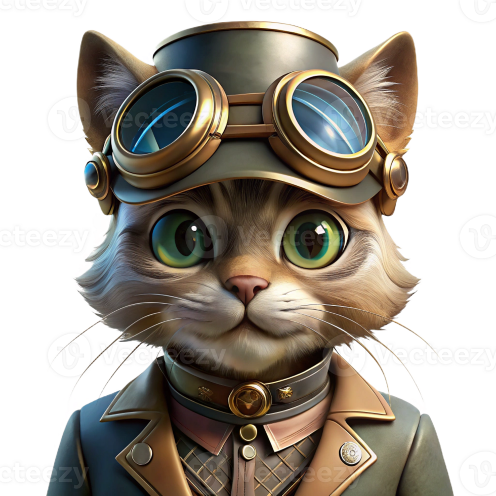 magnificent contemporary A portrait of a steampunk cat wearing goggles and a tiny top hat, intricate brass and leather details, dramatic chiaroscuro lighting. Alphonse Mucha style professional png