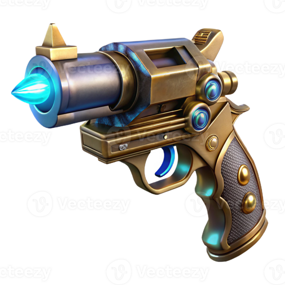 wonderful contemporary A steampunk pistol with ornate engravings and a glowing crystal embedded in the handle, lit by a dramatic spotlight. Cyberpunk style genuine png