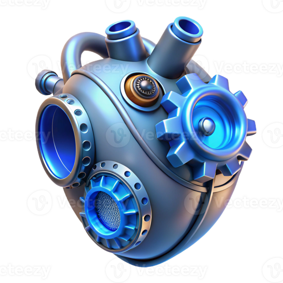 serene rustic A steampunk mechanical heart with intricate gears and pipes, pulsing with a soft, blue light. Biopunk style 4K png