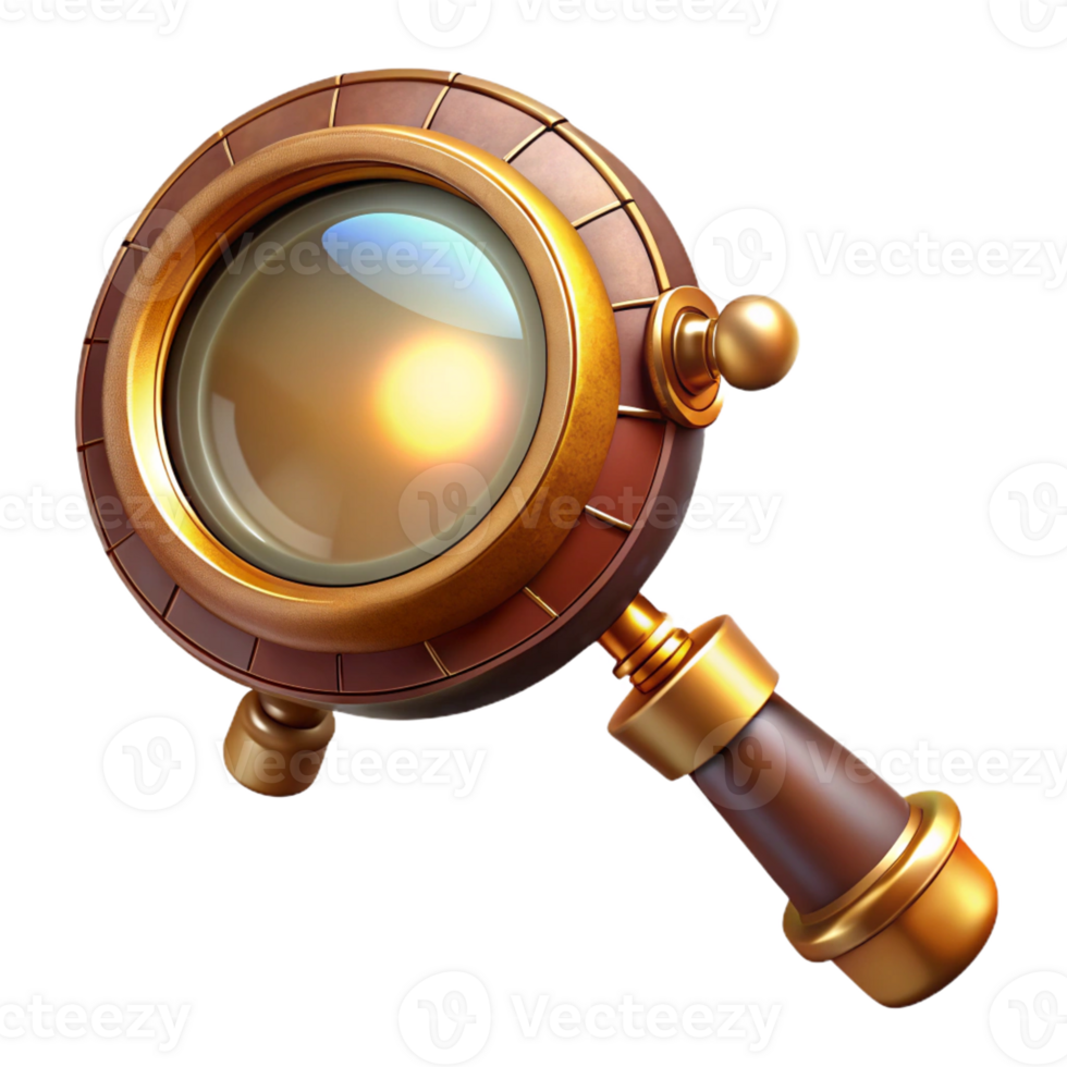 beautiful creative A steampunk monocle with a magnifying glass and intricate brass detailing, reflecting a bright, focused beam of light. Vintage style original png