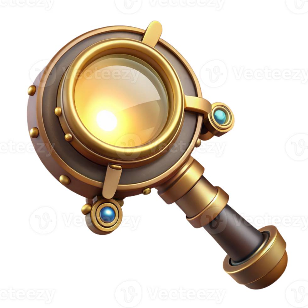 extraordinary artistic A steampunk monocle with a magnifying glass and intricate brass detailing, reflecting a bright, focused beam of light. Vintage style 4K png