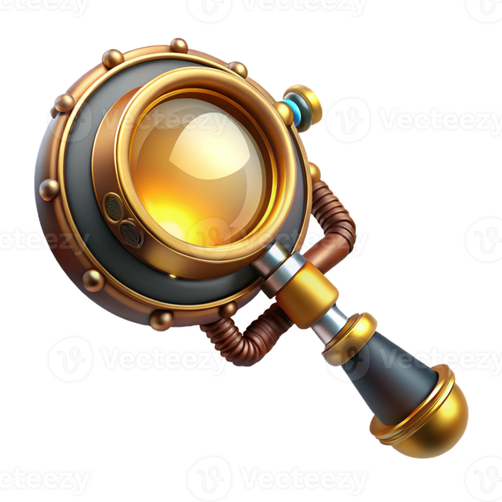 wonderful abstract A steampunk monocle with a magnifying glass and intricate brass detailing, reflecting a bright, focused beam of light. Vintage style authentic png