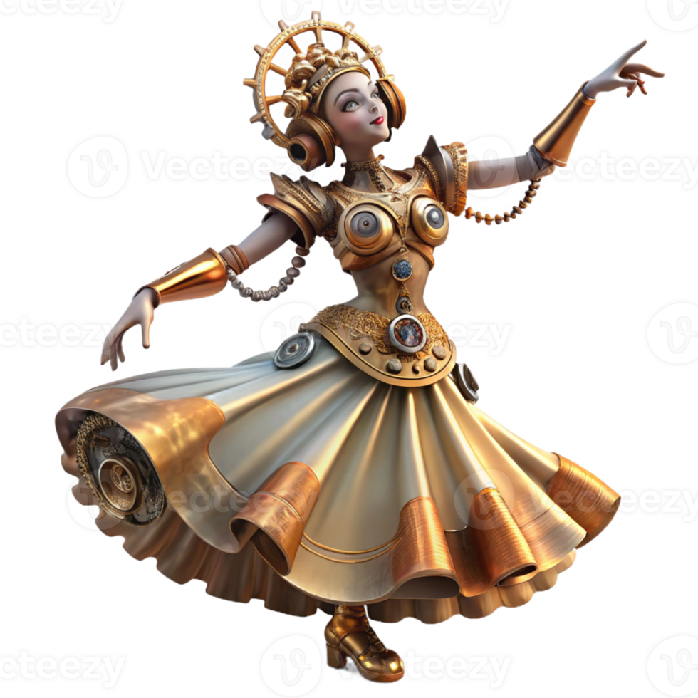 serene classic A steampunk automaton in the form of a graceful dancer, with intricate clockwork mechanisms visible beneath her flowing gown, lit by soft stage lighting. Art Deco style high quality png