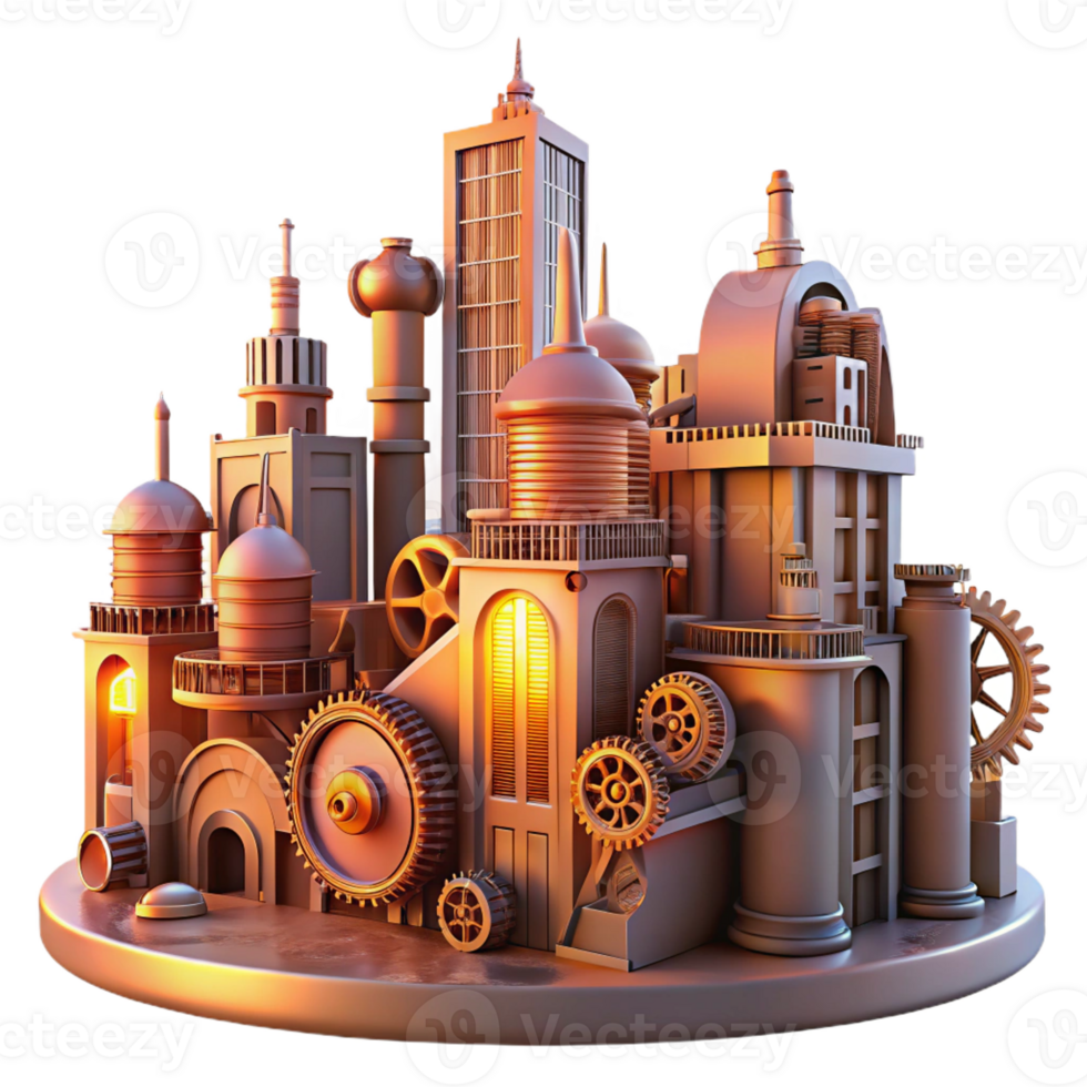 wonderful abstract A steampunk cityscape with towering clockwork buildings and intricate, interconnected gears, bathed in the warm glow of sunset. Cyberpunk style high resolution png