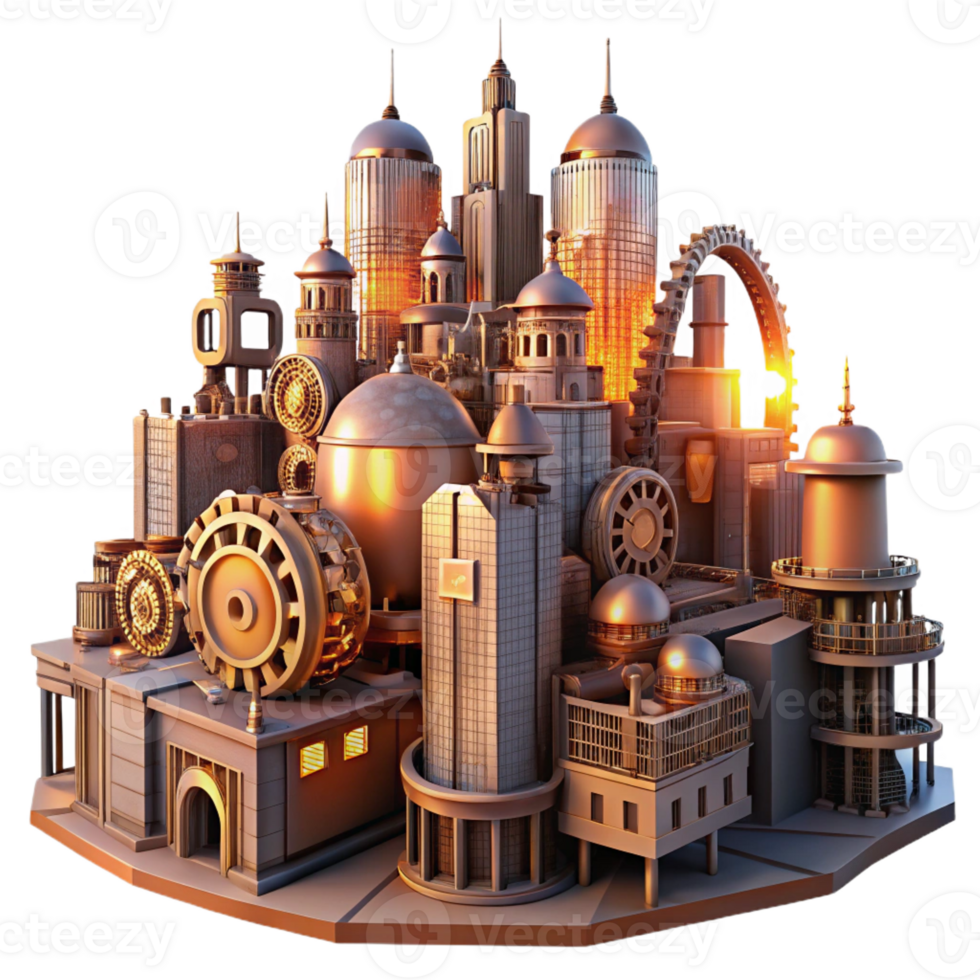 serene classic A steampunk cityscape with towering clockwork buildings and intricate, interconnected gears, bathed in the warm glow of sunset. Cyberpunk style exclusive png
