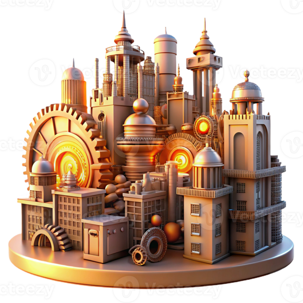 magnificent abstract A steampunk cityscape with towering clockwork buildings and intricate, interconnected gears, bathed in the warm glow of sunset. Cyberpunk style genuine png