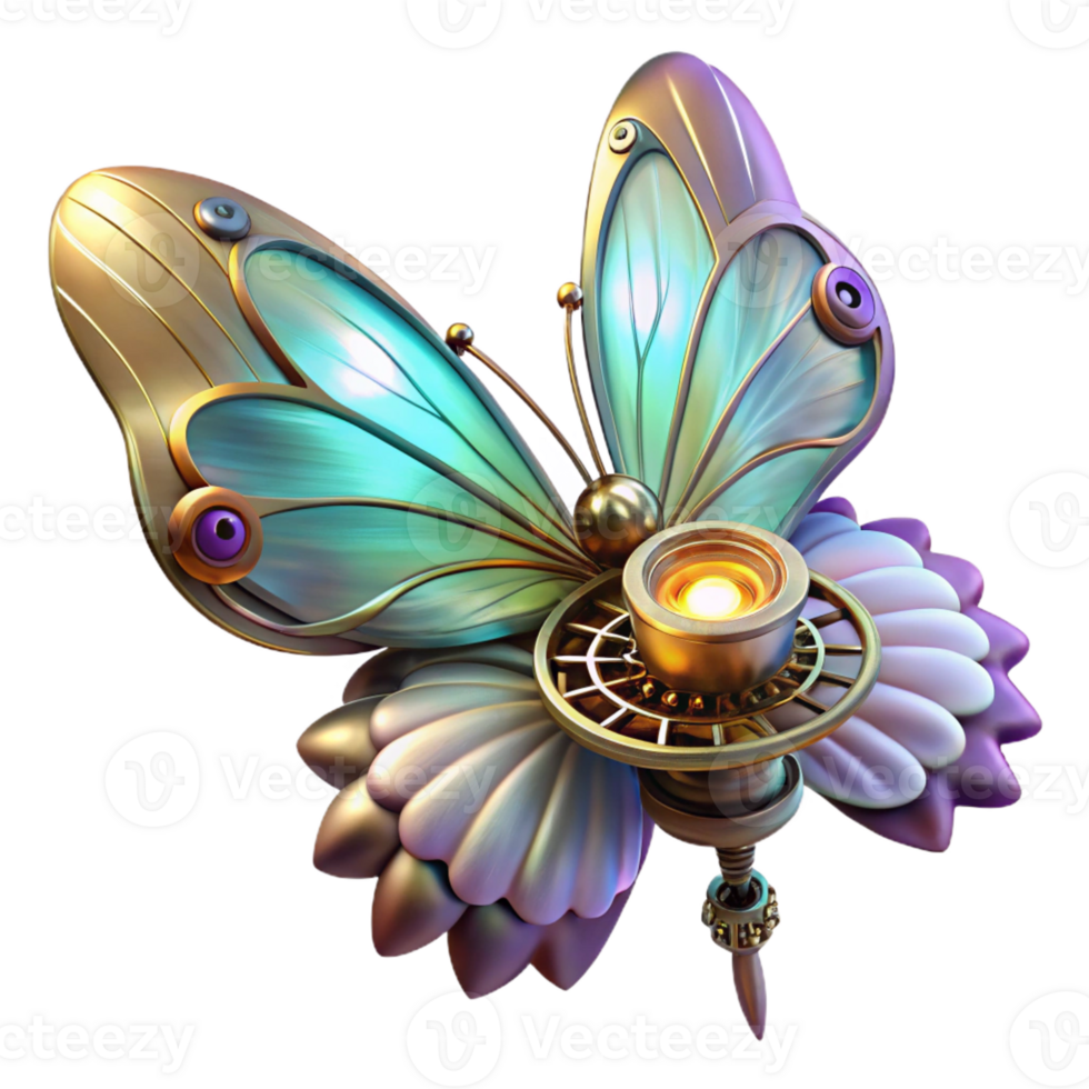 beautiful rustic A steampunk inspired mechanical butterfly with delicate, iridescent wings, perched on a gear-laden flower, illuminated by a soft, ethereal glow. Fantasy style high resolution png