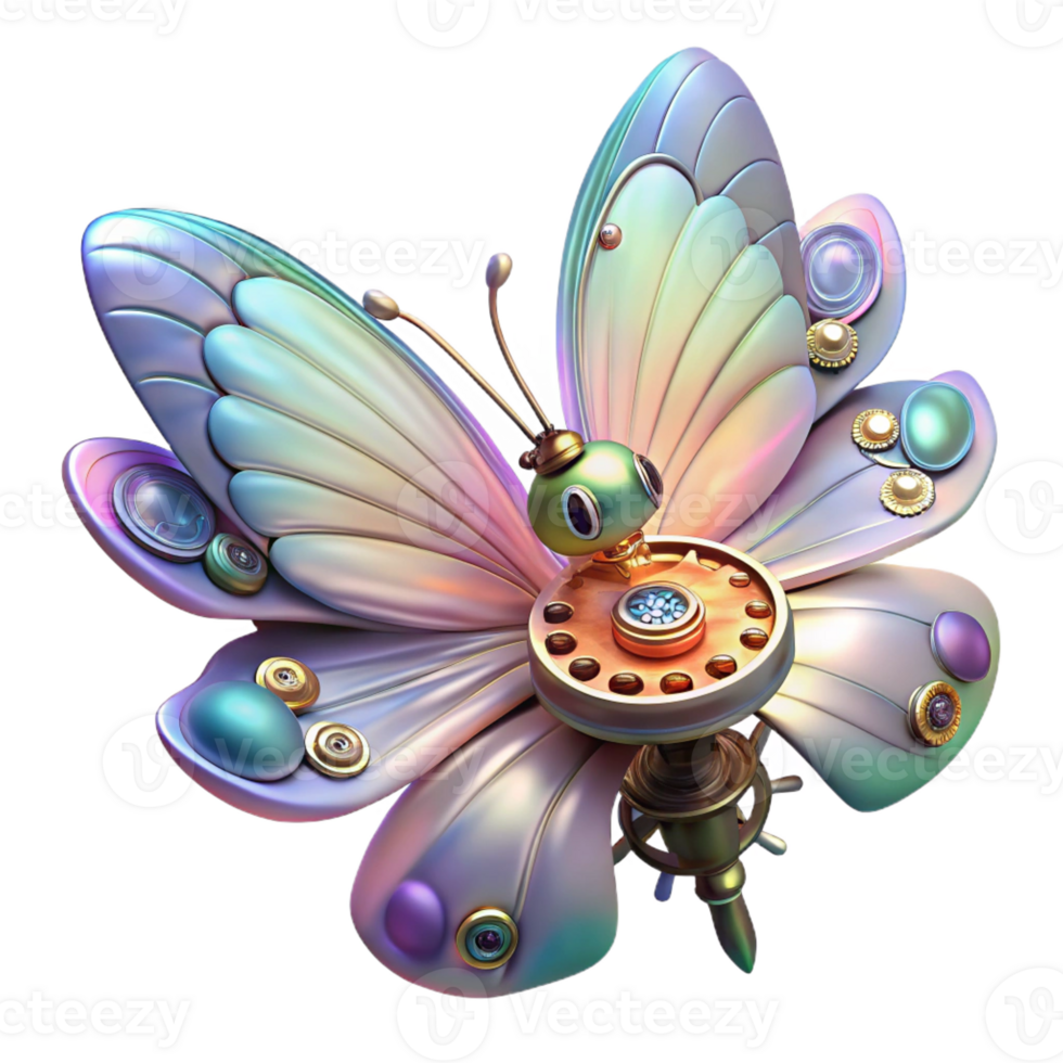 magnificent vintage A steampunk inspired mechanical butterfly with delicate, iridescent wings, perched on a gear-laden flower, illuminated by a soft, ethereal glow. Fantasy style original png