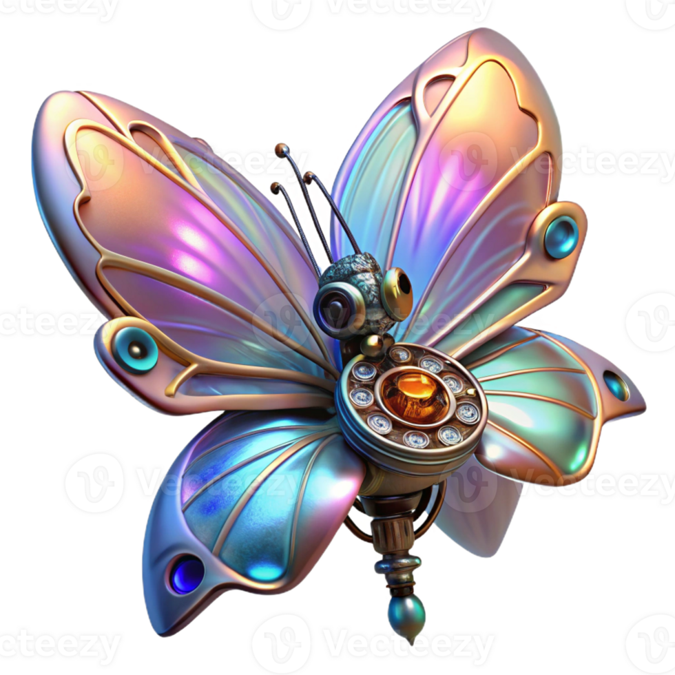 extraordinary rustic A steampunk inspired mechanical butterfly with delicate, iridescent wings, perched on a gear-laden flower, illuminated by a soft, ethereal glow. Fantasy style authentic png