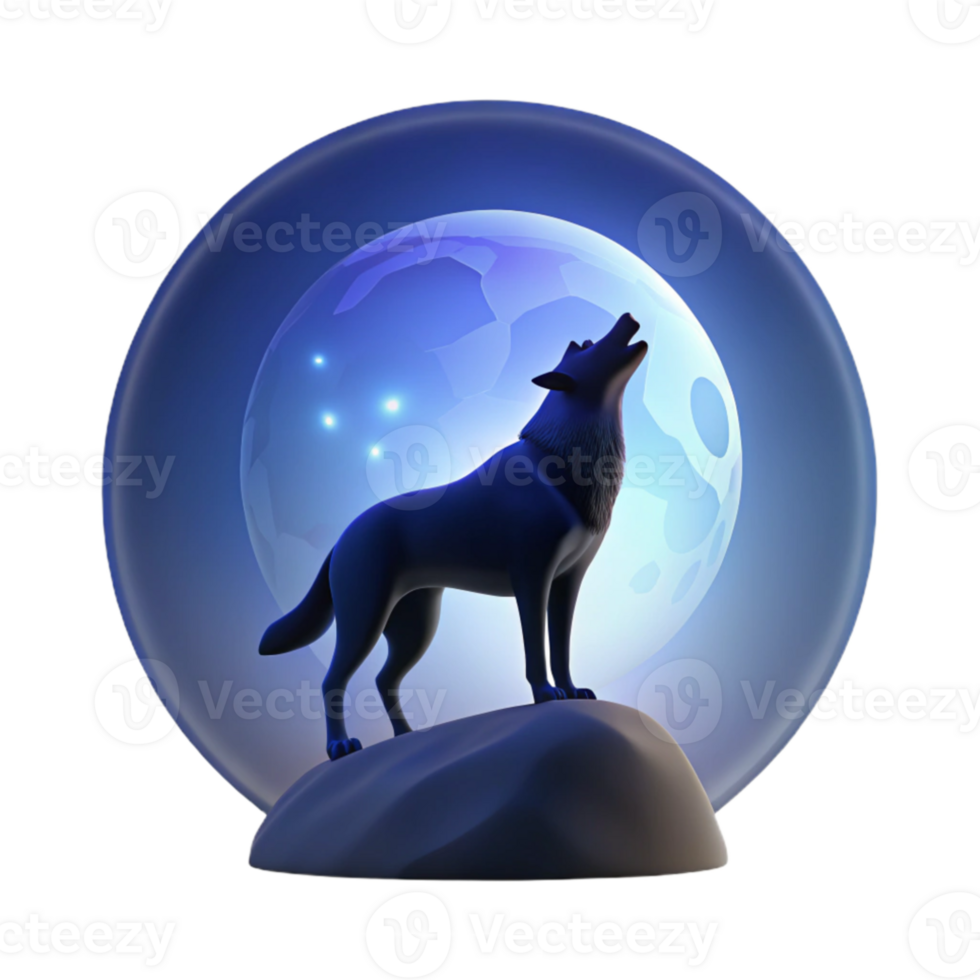 extraordinary modern A lone wolf howling at the moon, silhouetted against a dark blue sky, with a mystical atmosphere premium png