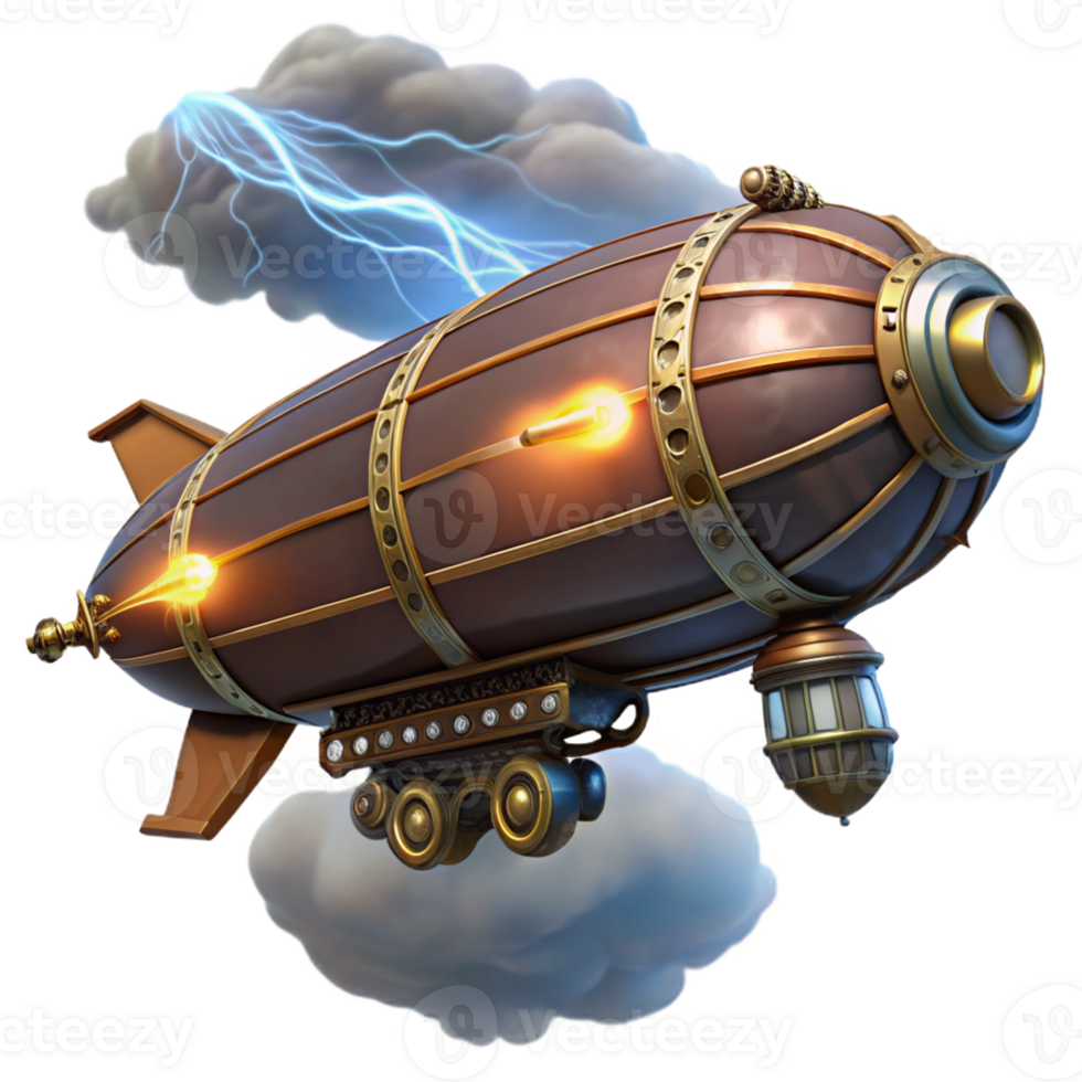 vibrant minimalist A steampunk zeppelin with ornate carvings and a powerful searchlight, soaring through a stormy night sky, illuminated by flashes of lightning. Steampunk style genuine png