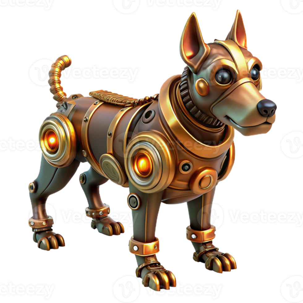 impressive modern A steampunk robotic dog with intricate gears and pistons, wagging its tail, illuminated by a warm, inviting light. Cyberpunk style premium png