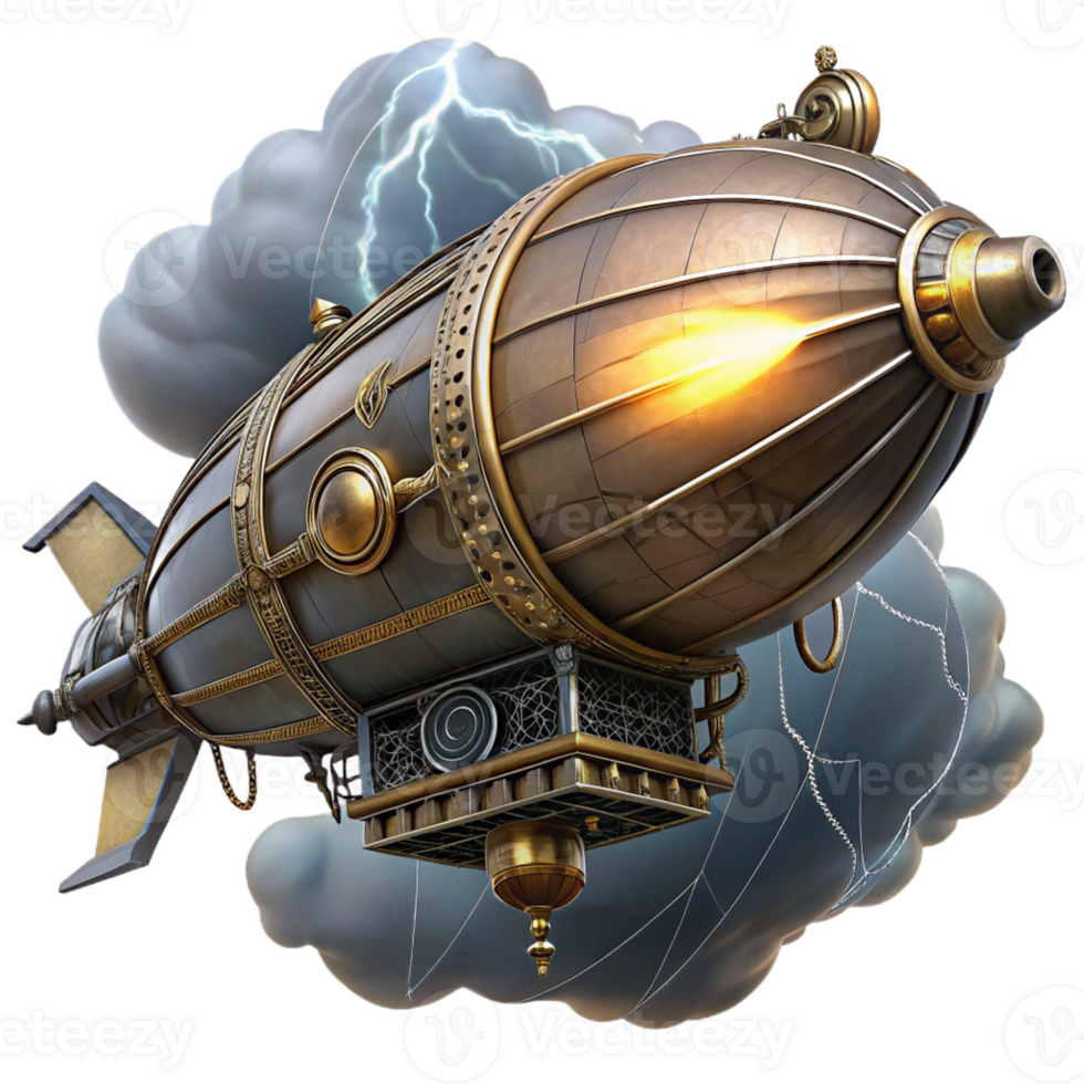 serene rustic A steampunk zeppelin with ornate carvings and a powerful searchlight, soaring through a stormy night sky, illuminated by flashes of lightning. Steampunk style high resolution png