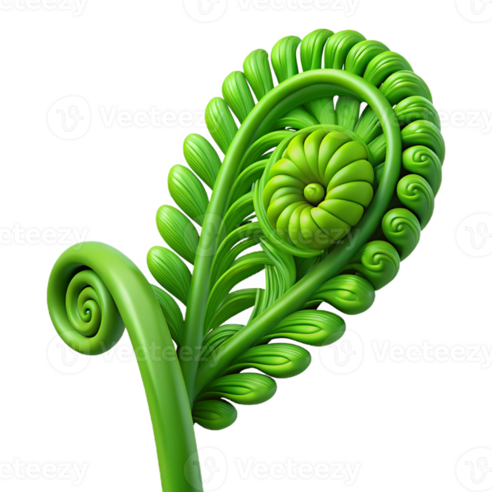 vibrant traditional A lush green fern unfurling, with delicate details and a vibrant green color, macro photography high quality png