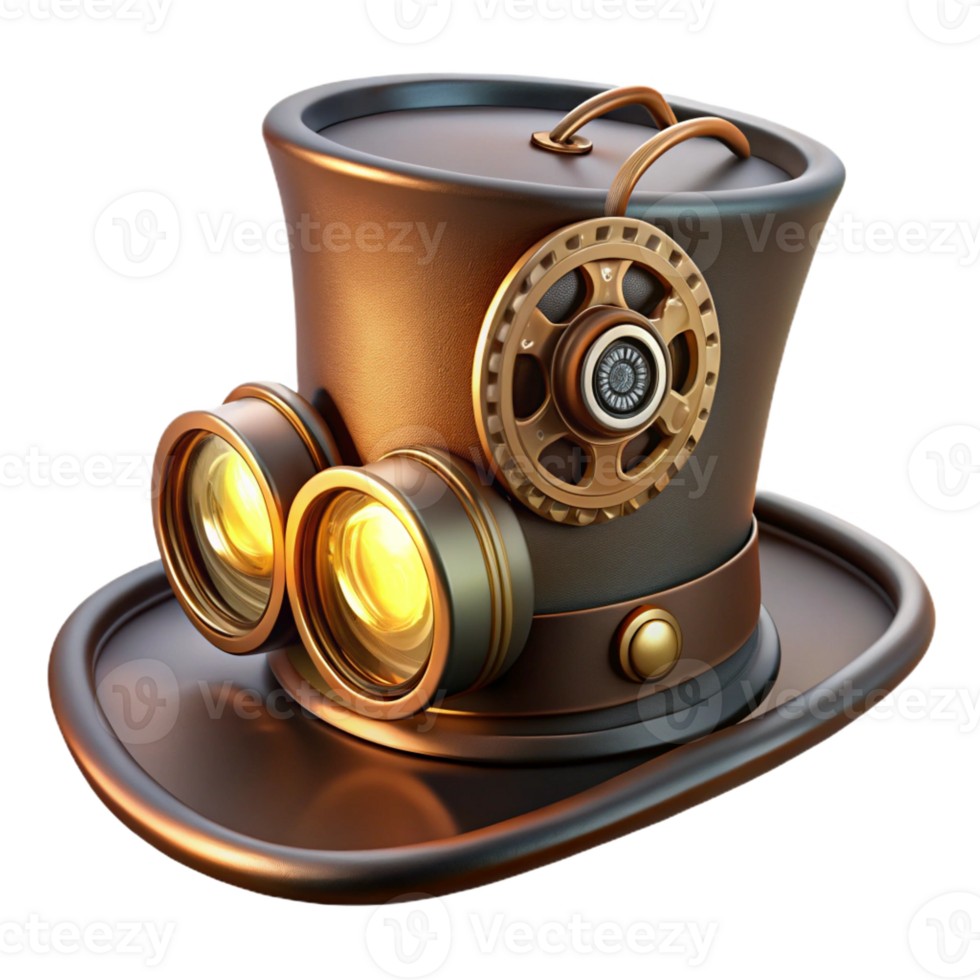 stunning vintage A steampunk top hat with intricate gears and goggles attached, illuminated by a single spotlight. Victorian Era style high quality png