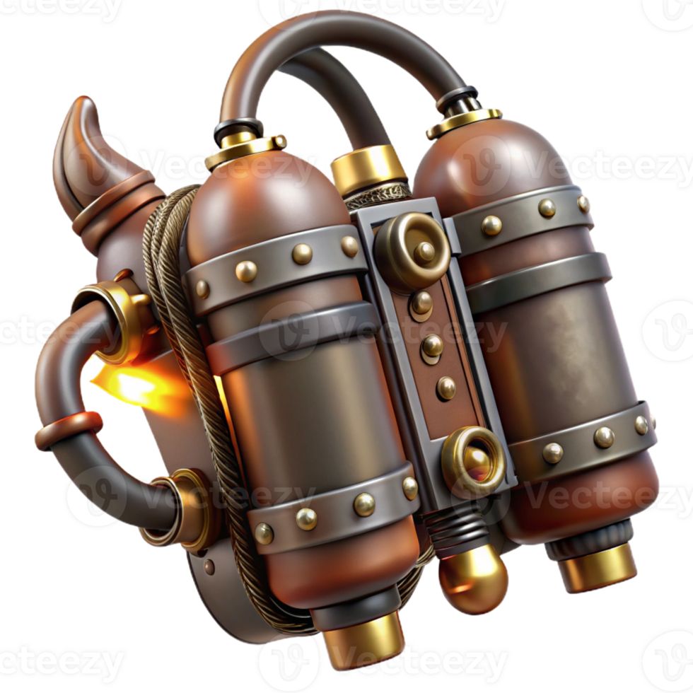 stunning classic A steampunk jetpack with polished brass nozzles and intricate leather straps, emitting bursts of steam, illuminated by a bright, midday sun. Dieselpunk style premium png