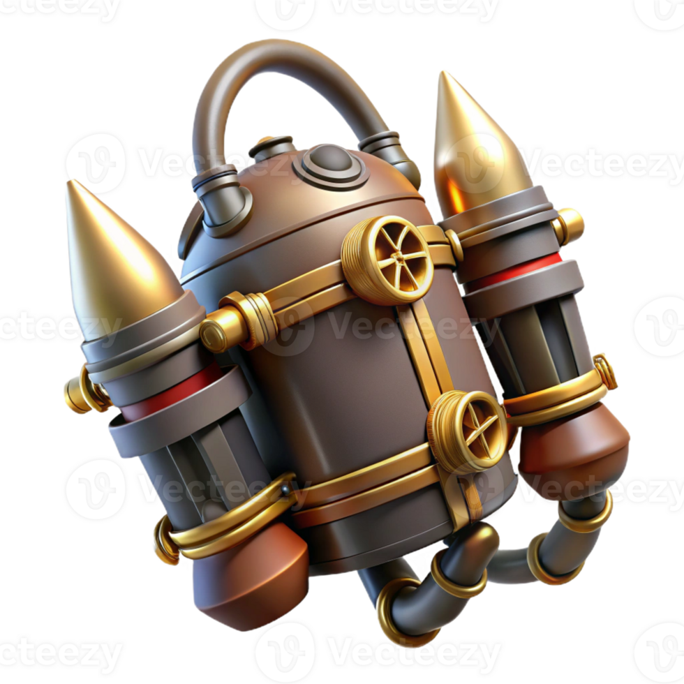 serene minimalist A steampunk jetpack with polished brass nozzles and intricate leather straps, emitting bursts of steam, illuminated by a bright, midday sun. Dieselpunk style genuine png