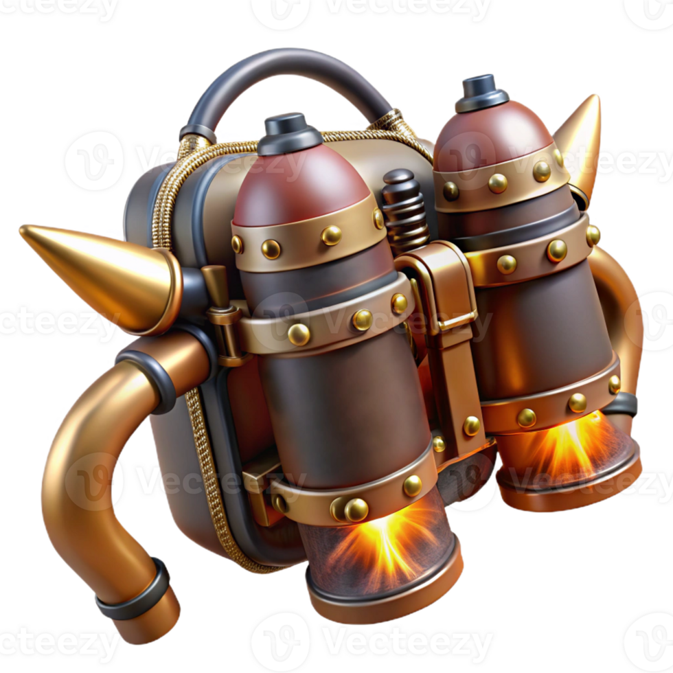beautiful contemporary A steampunk jetpack with polished brass nozzles and intricate leather straps, emitting bursts of steam, illuminated by a bright, midday sun. Dieselpunk style professional png