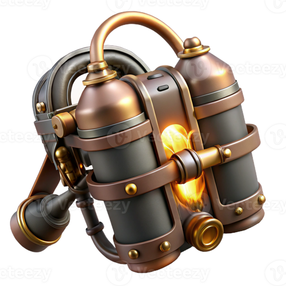 dramatic minimalist A steampunk jetpack with polished brass nozzles and intricate leather straps, emitting bursts of steam, illuminated by a bright, midday sun. Dieselpunk style premium png