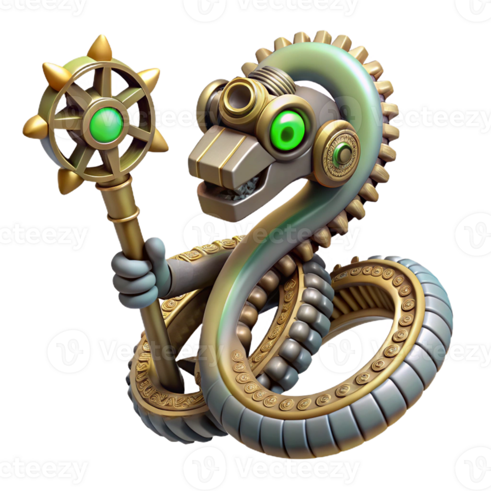 wonderful traditional A steampunk robotic snake with intricate scales and glowing eyes, coiled around a gear-laden staff, lit by a mysterious, green light. Fantasy style high resolution png