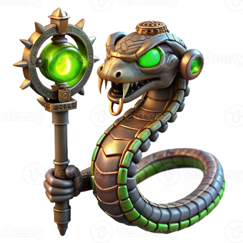 elegant classic A steampunk robotic snake with intricate scales and glowing eyes, coiled around a gear-laden staff, lit by a mysterious, green light. Fantasy style authentic png