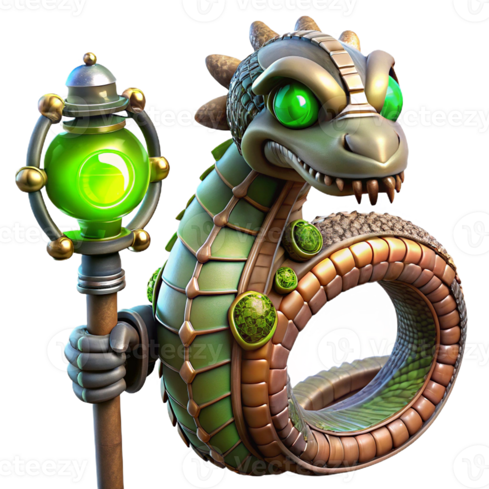 extraordinary minimalist A steampunk robotic snake with intricate scales and glowing eyes, coiled around a gear-laden staff, lit by a mysterious, green light. Fantasy style authentic png