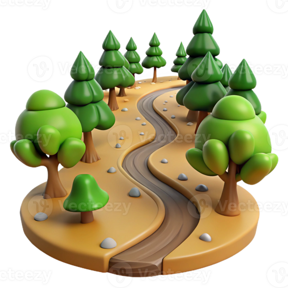 vibrant minimalist A winding dirt road leading through a forest, with dappled sunlight and a sense of adventure detailed png