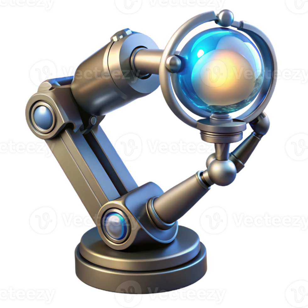 magnificent abstract A chrome and glass futuristic robotic arm holding a glowing orb of data, intricate circuitry visible within the arm, dramatic chiaroscuro lighting, Art Deco style authentic png