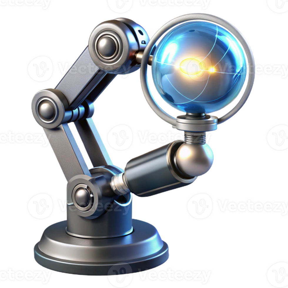 vibrant contemporary A chrome and glass futuristic robotic arm holding a glowing orb of data, intricate circuitry visible within the arm, dramatic chiaroscuro lighting, Art Deco style high resolution png