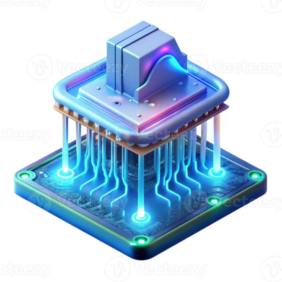 extraordinary rustic A levitating motherboard, pulsing with neon blue energy, wires cascading like waterfalls, soft ethereal lighting, cyberpunk style authentic png