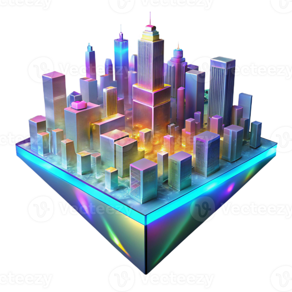 dramatic traditional A holographic projection of a city skyline glitching and fracturing, pixelated edges and vibrant neon colors, harsh strobe lighting, glitch art style genuine png