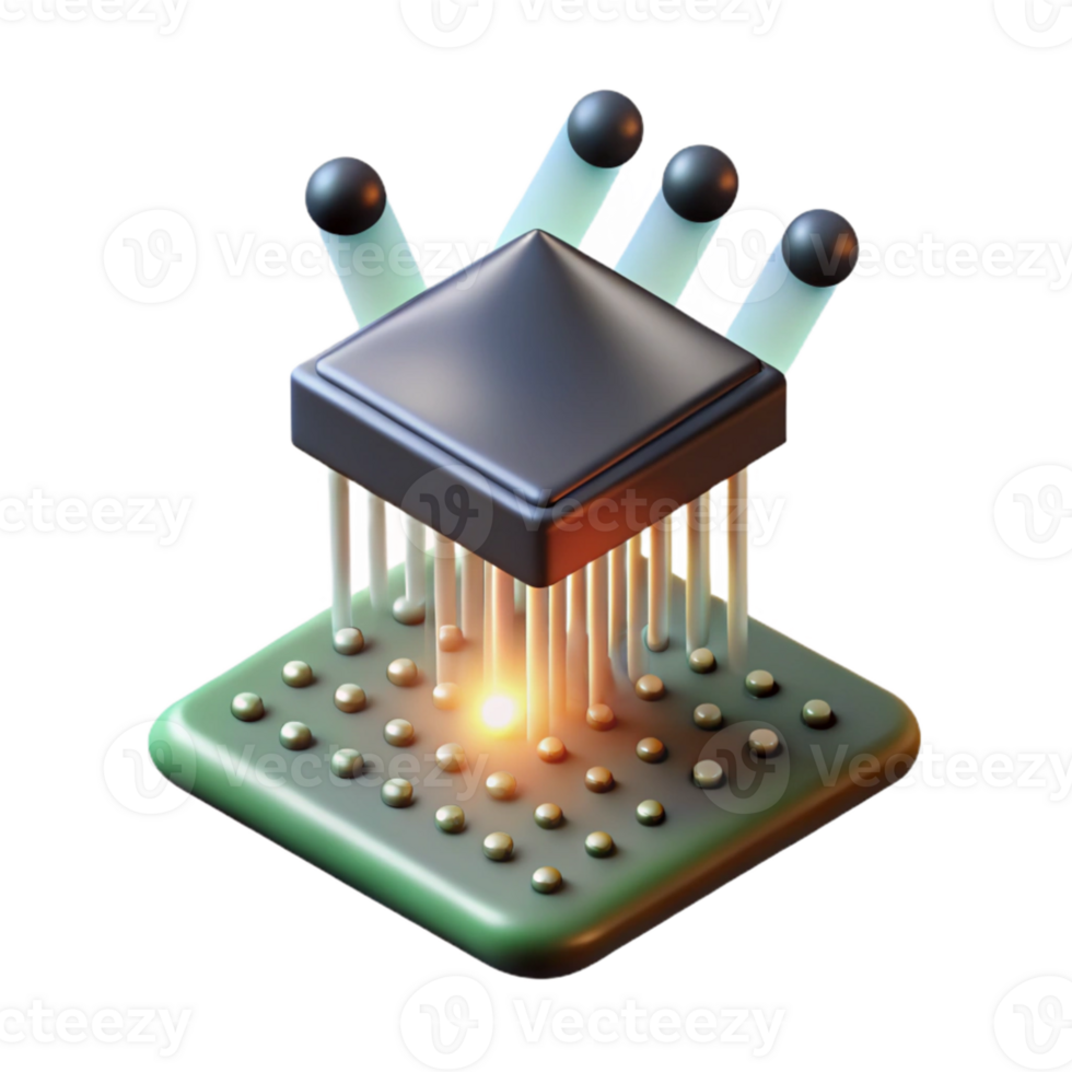 serene modern A single, levitating microchip emitting binary code as beams of light, dramatic chiaroscuro lighting, photorealistic style authentic png