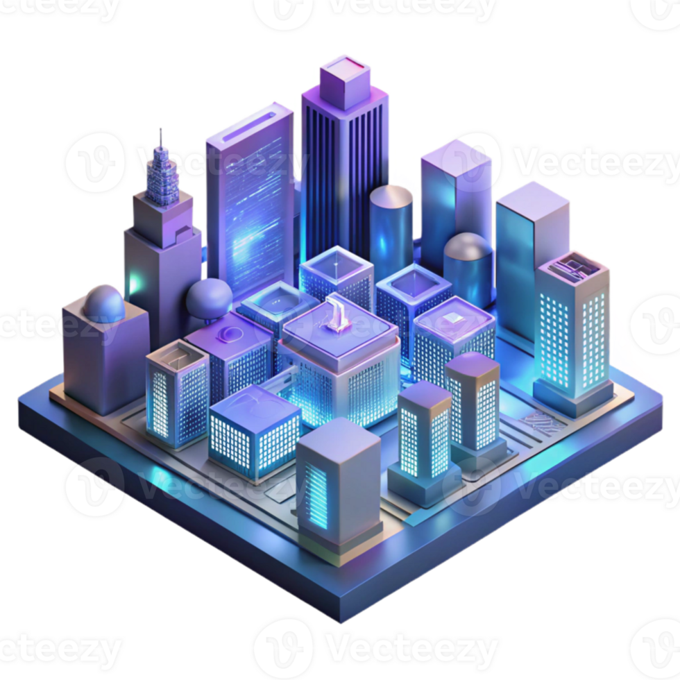 serene modern A futuristic cityscape composed entirely of interconnected circuit boards and glowing data streams, cyberpunk neon lighting, isometric perspective genuine png