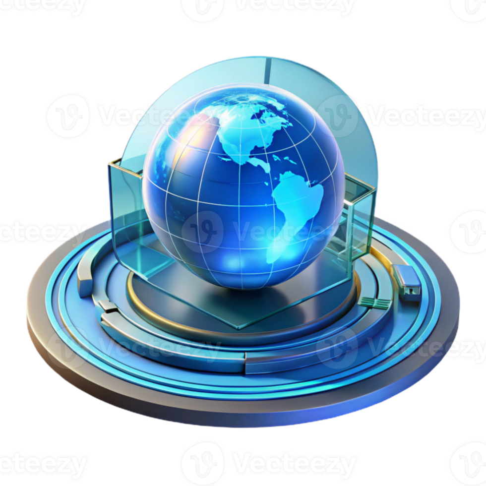 extraordinary modern A holographic projection of the Earth rotating slowly, surrounded by complex data visualizations, cool blue lighting, futuristic minimalist style exclusive png