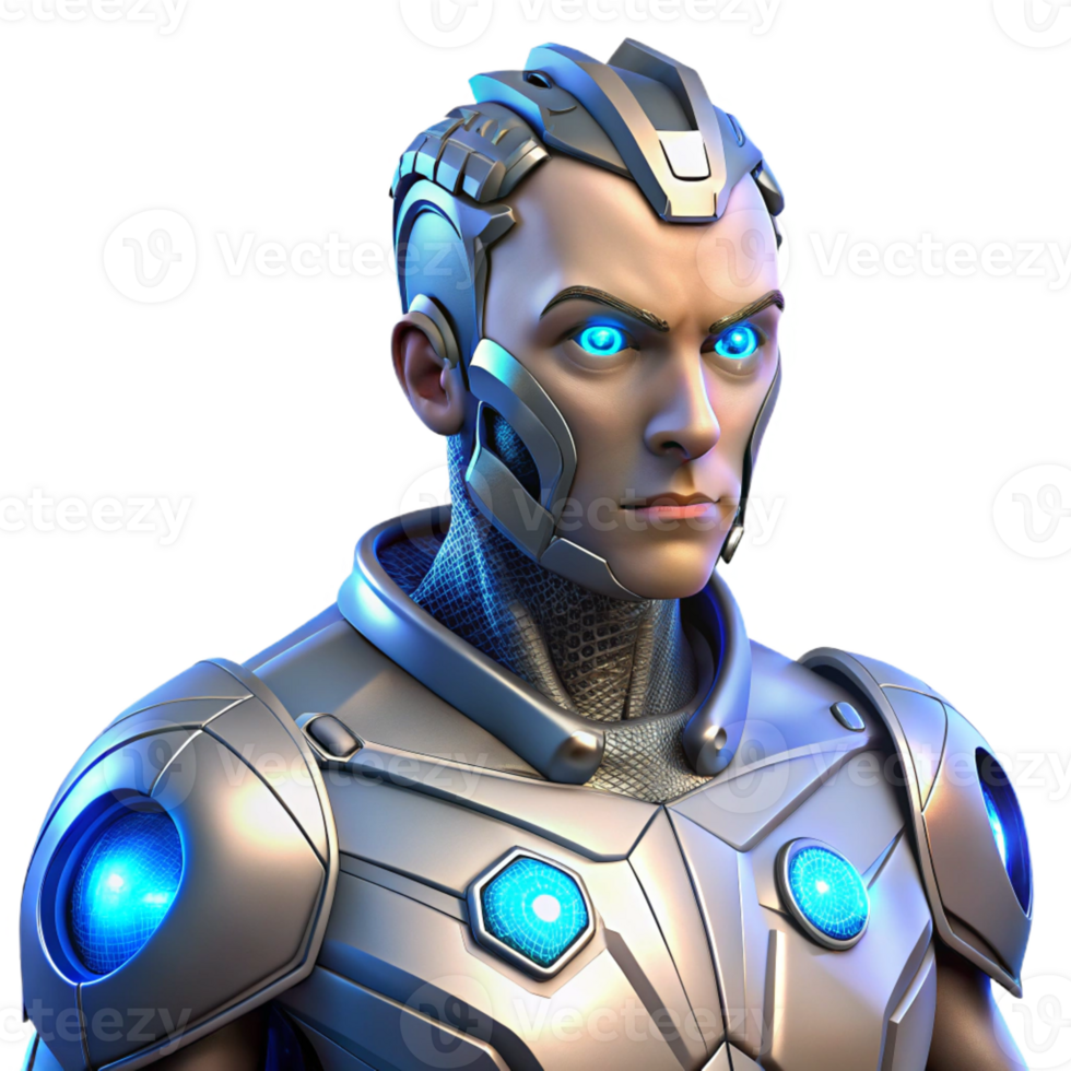 impressive traditional A cyborg with glowing blue eyes and intricate cybernetic implants, detailed textures on the skin and metal, dramatic rim lighting, cyberpunk style high resolution png
