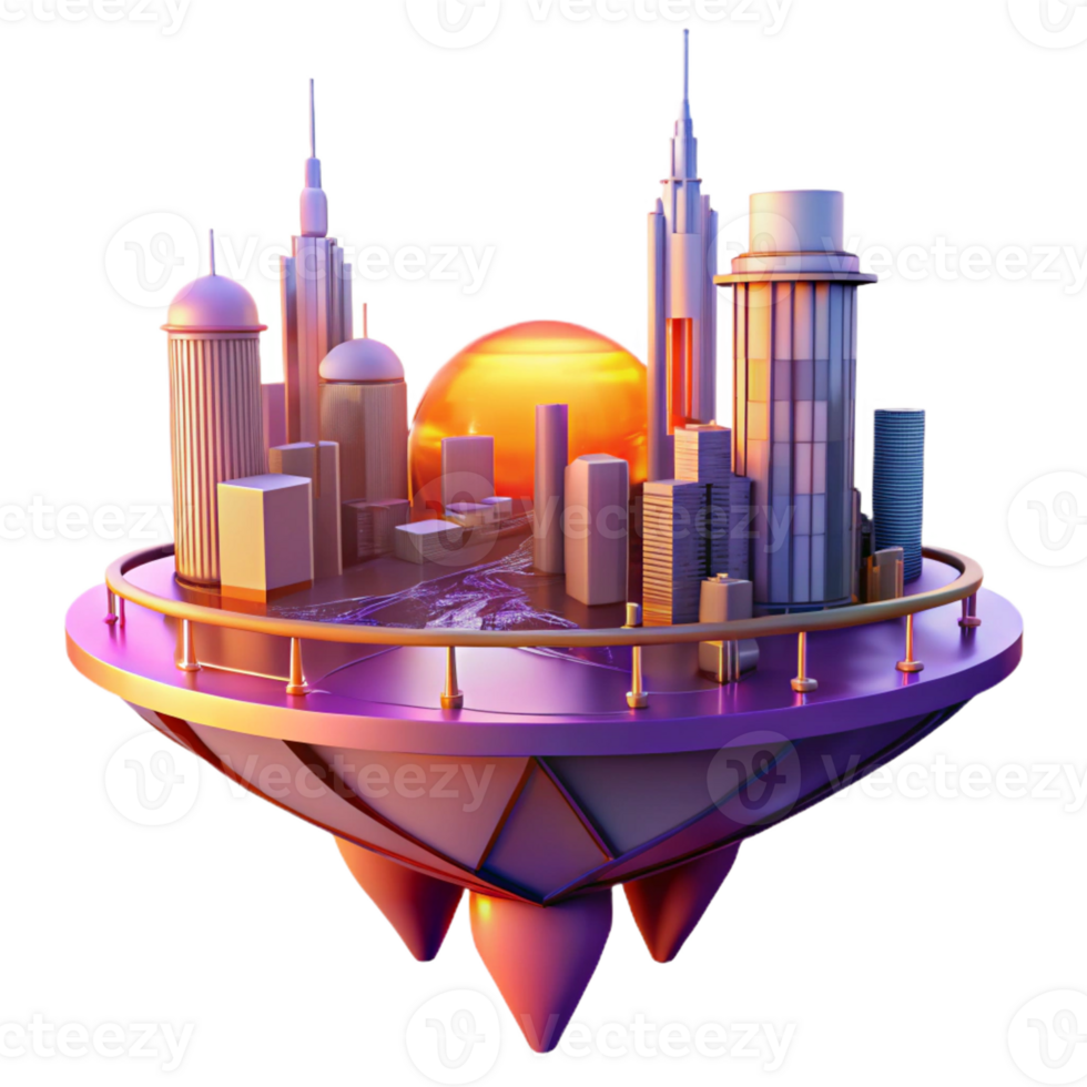 wonderful abstract A futuristic cityscape built on floating platforms, interconnected by glowing bridges, sunset lighting with warm orange and purple hues, utopian future style genuine png