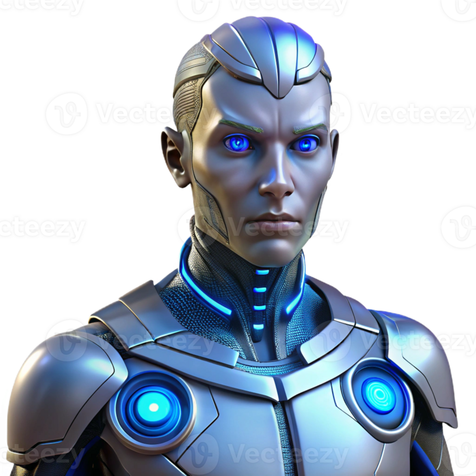 vibrant rustic A cyborg with glowing blue eyes and intricate cybernetic implants, detailed textures on the skin and metal, dramatic rim lighting, cyberpunk style 4K png