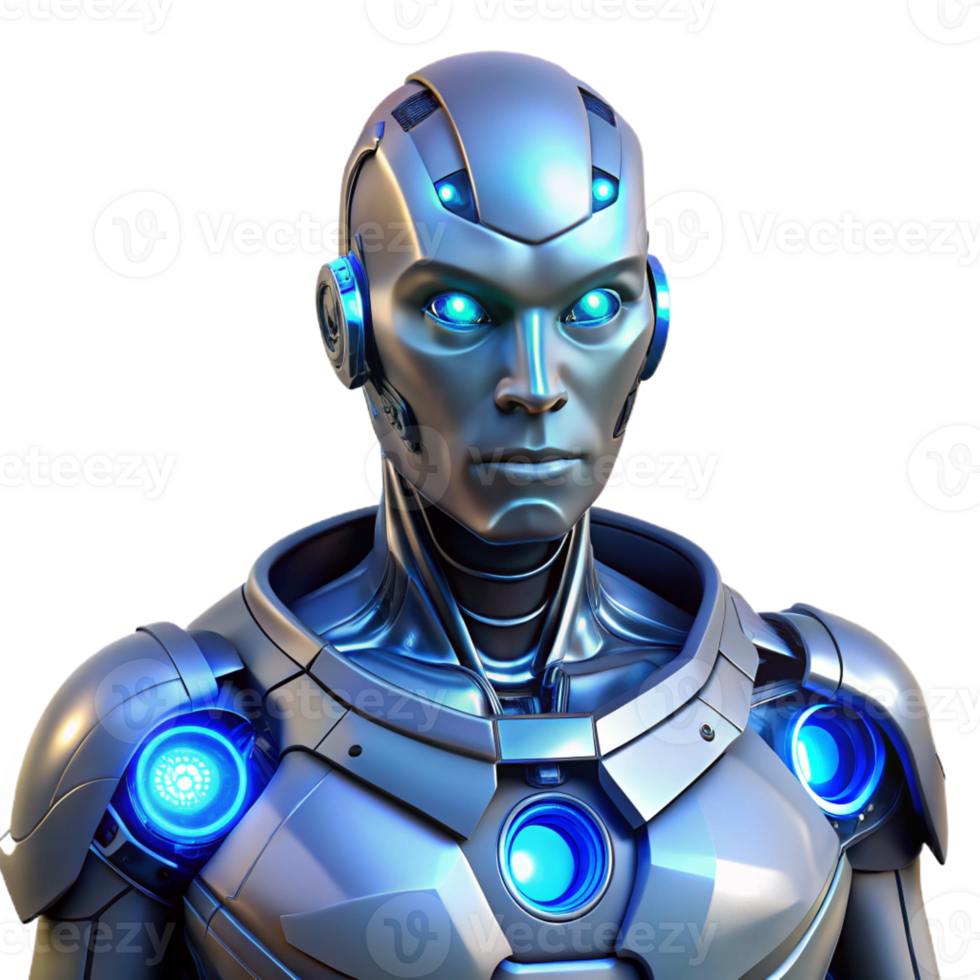 serene classic A cyborg with glowing blue eyes and intricate cybernetic implants, detailed textures on the skin and metal, dramatic rim lighting, cyberpunk style 4K png