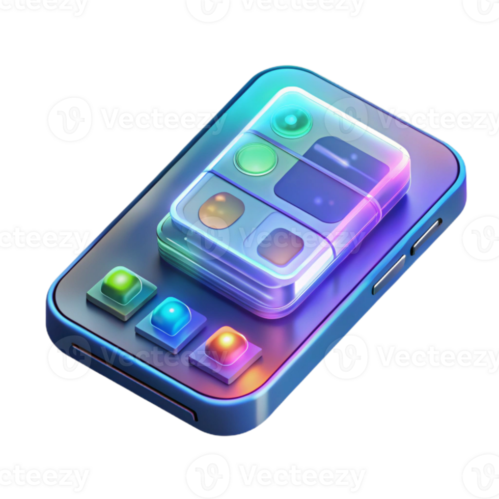 vibrant creative A transparent smartphone displaying a holographic user interface, neon UI elements, futuristic product design style genuine png