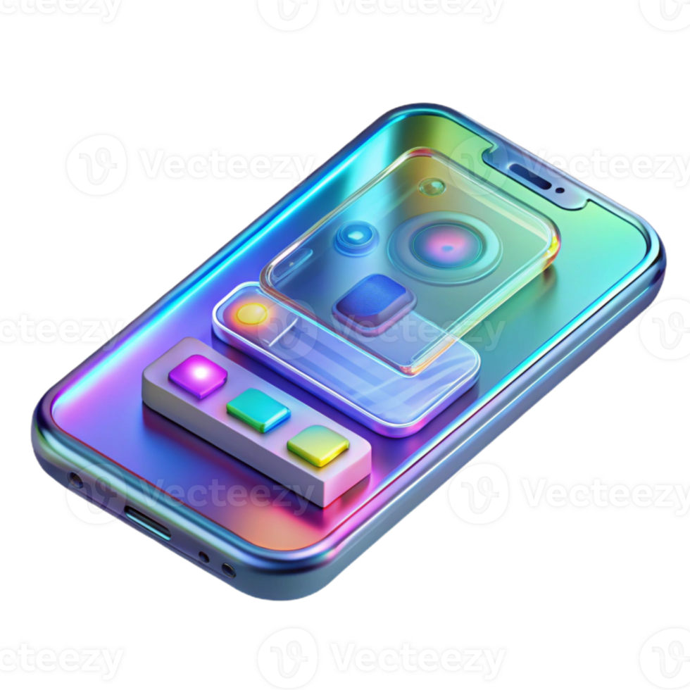 magnificent abstract A transparent smartphone displaying a holographic user interface, neon UI elements, futuristic product design style detailed png
