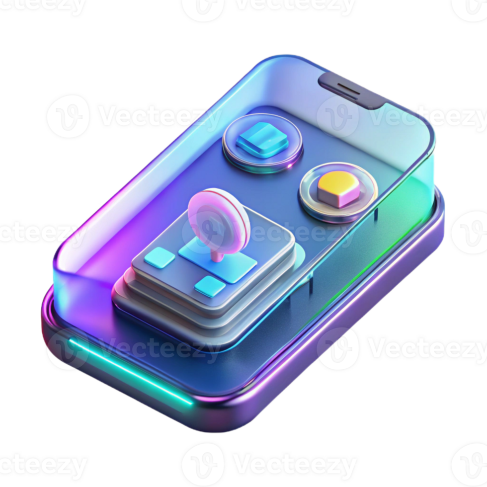stunning artistic A transparent smartphone displaying a holographic user interface, neon UI elements, futuristic product design style professional png