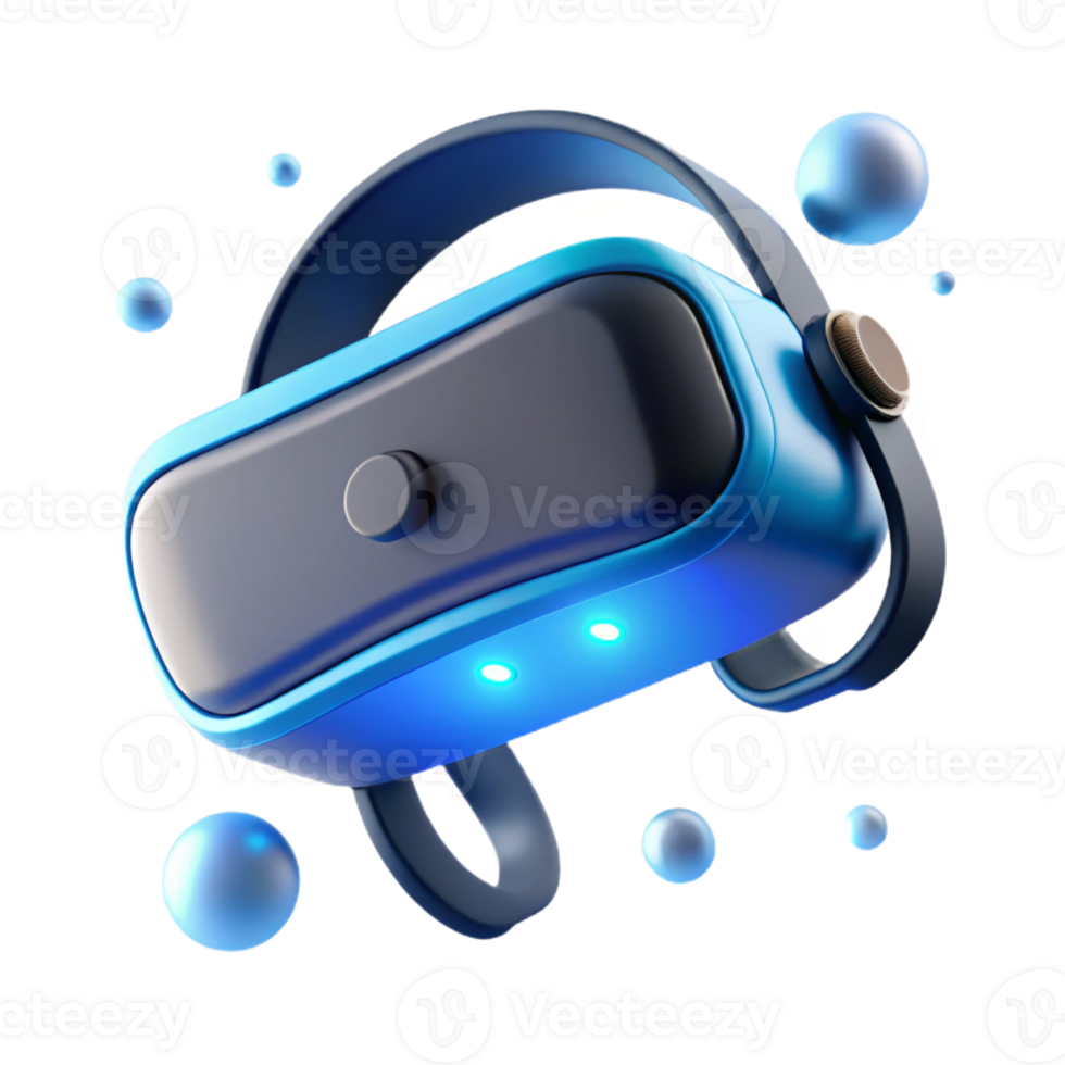 elegant contemporary A virtual reality headset floating in mid-air, glowing blue and white lights emanating from it, soft, ambient lighting, virtual reality technology style genuine png
