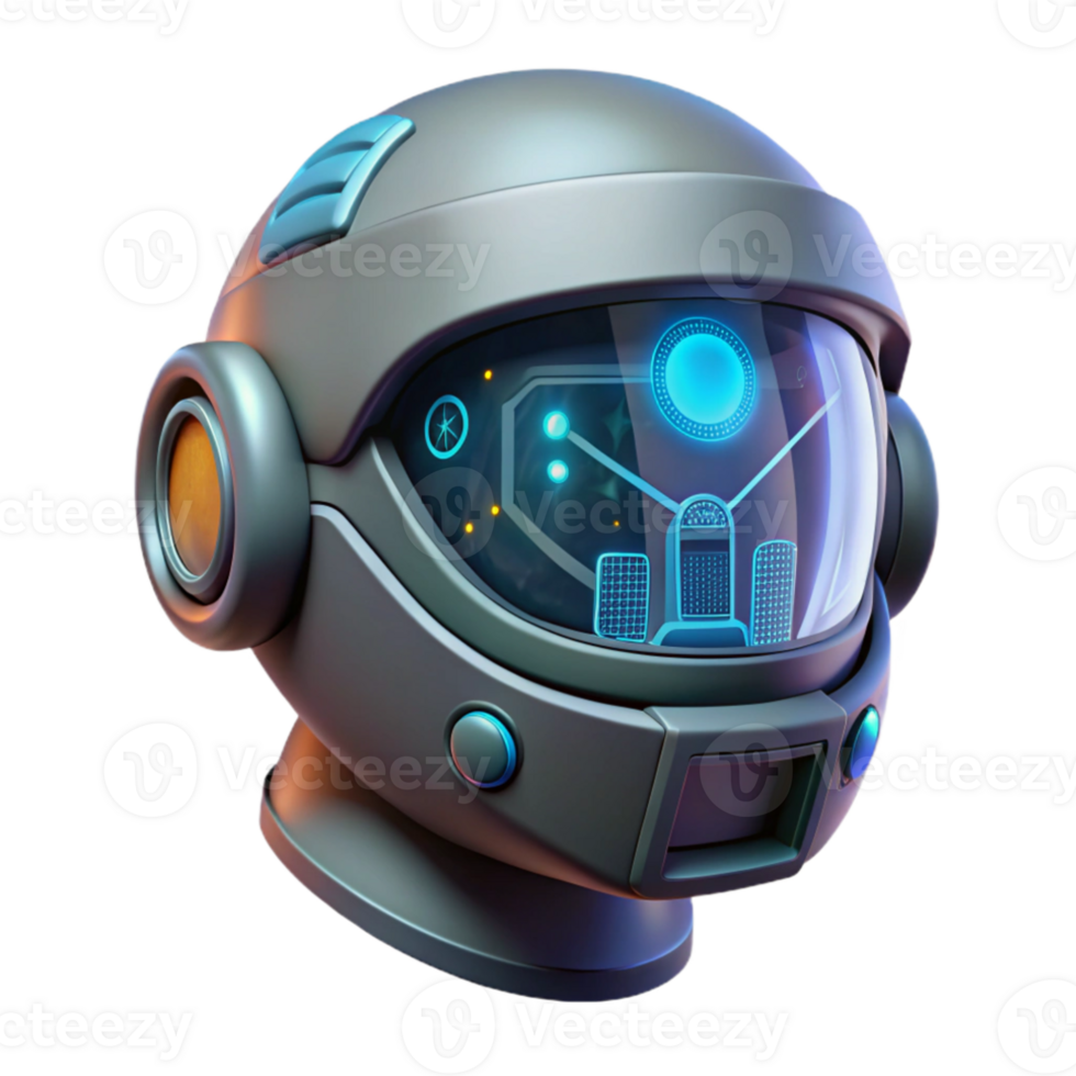vibrant creative A futuristic helmet with a HUD interface displaying complex data streams, dark cyberpunk lighting, cinematic style premium png